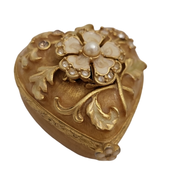 JAY STRONGWATER GOLD HEART  TRINKET BOX W/SWAROVSKI CRYSTALS & FLOWERS  2002 - Picture 2 of 9